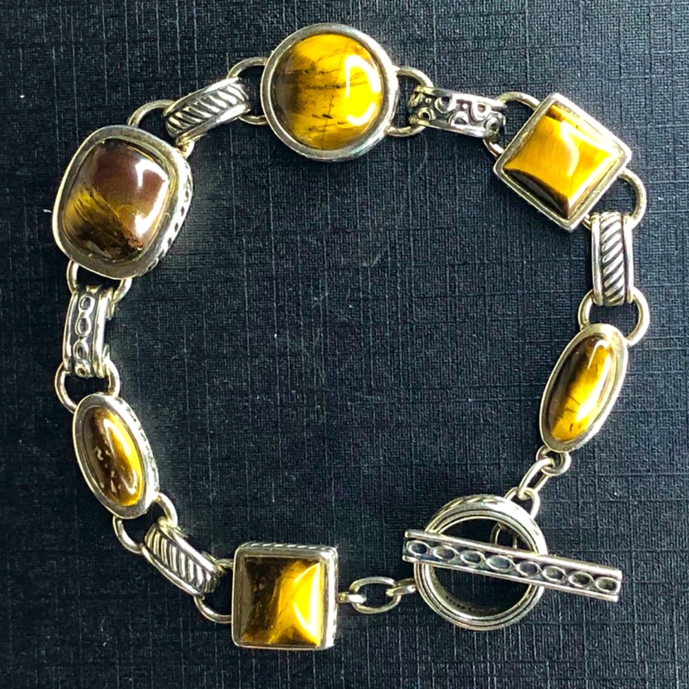 BARSE Sterling Silver Tigers Eye and Cats Eye Cabochon Toggle Bracelet